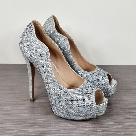 Lauren Lorraine Shoes - Lauren Lorraine Candy Crystal Peep Toe Pump, Silver, Womens Size 7 M